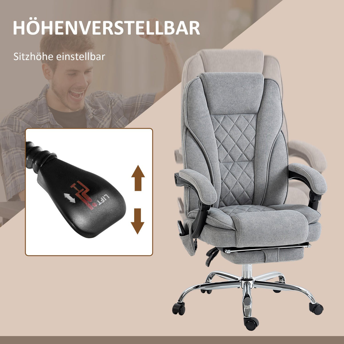 Ergonomic office chair with massage function, footrest, swivel, rollable, grey
