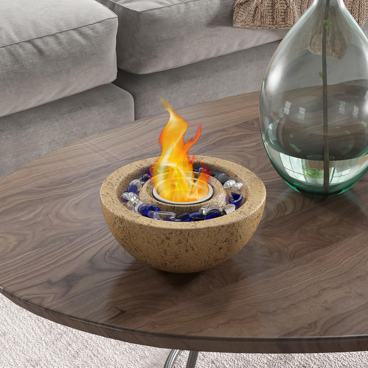 Ethanol Fireplace, 1000Btu Bio-Ethanol Fireplace, 0.4L Table Fire With Fire Lid, Ethanol Fire Bowl With Stone Look, For An Effective Area Of Up To 10 M²