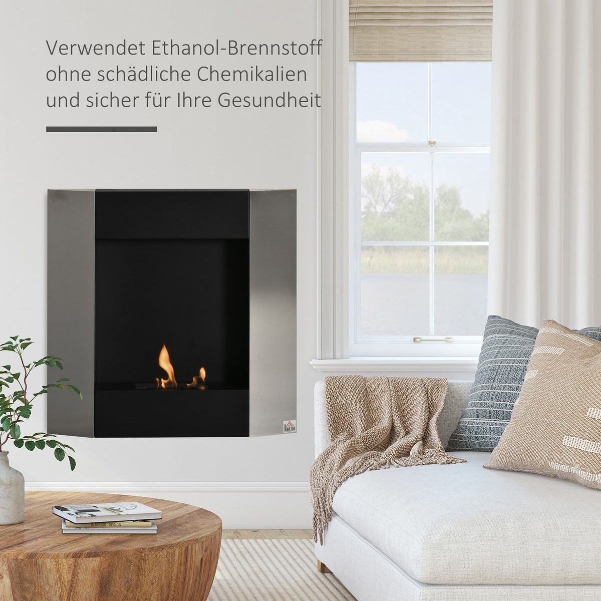 Ethanol Fireplace Bio-Ethanol Burner 1800W 0.7L 1 Hour Burning Time No Smoke Wall-Mounted Steel Stainless Steel Silver + Black 72 X 11 X 72 Cm