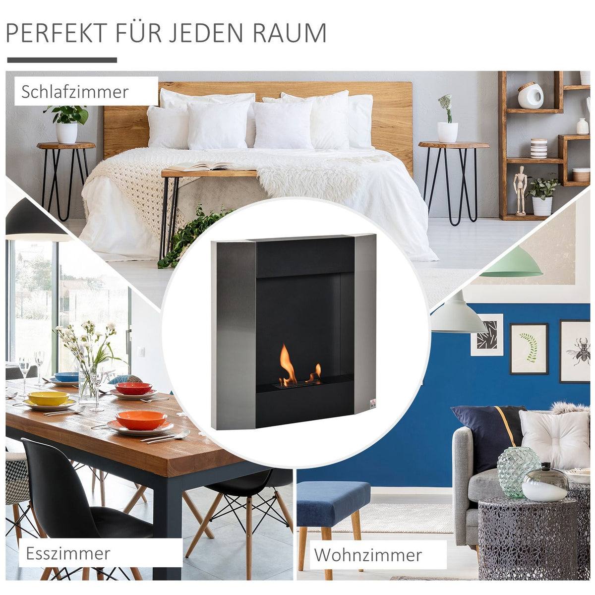 Ethanol Fireplace Bio-Ethanol Burner 1800W 0.7L 1 Hour Burning Time No Smoke Wall-Mounted Steel Stainless Steel Silver + Black 72 X 11 X 72 Cm