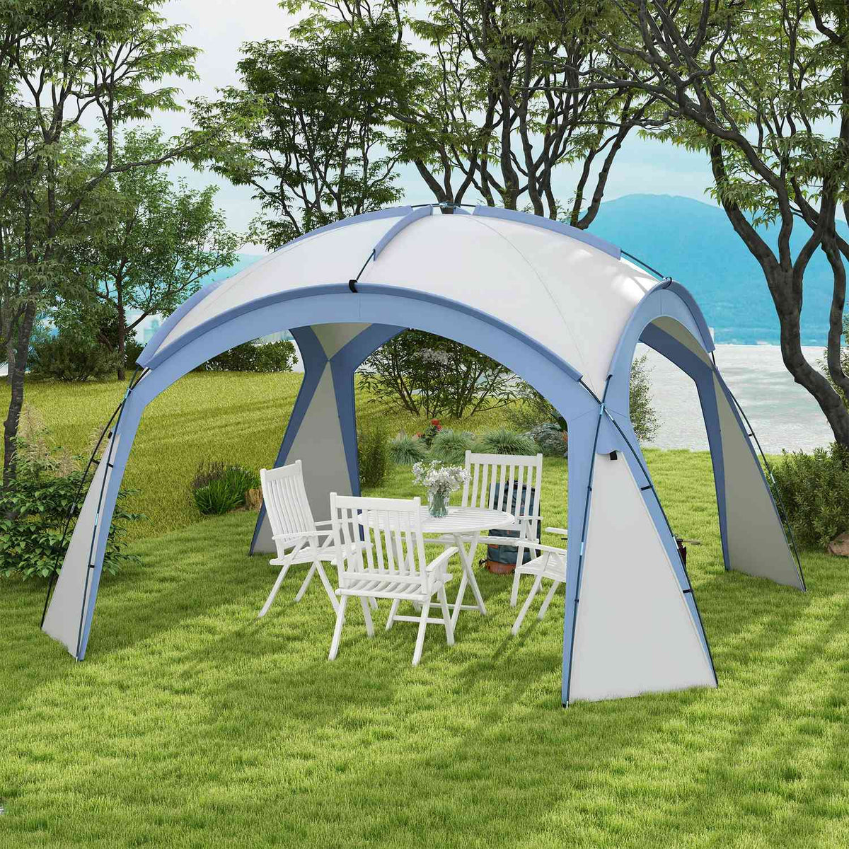 Event Shelter 3.5 x 3.5 m Gazebo with Hook Door Water-Repellent Winterproof Garden Gazebo Party Tent Sun Protection for Camping, Garden Festivals Blue