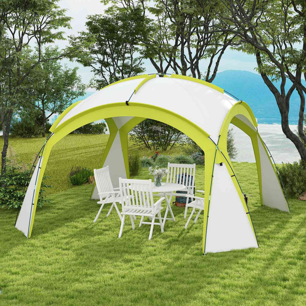 Event Shelter 3.5 x 3.5 m Gazebo with Hook Door Water-Repellent Winterproof Garden Gazebo Party Tent Sun Protection for Camping, Garden Festivals Green