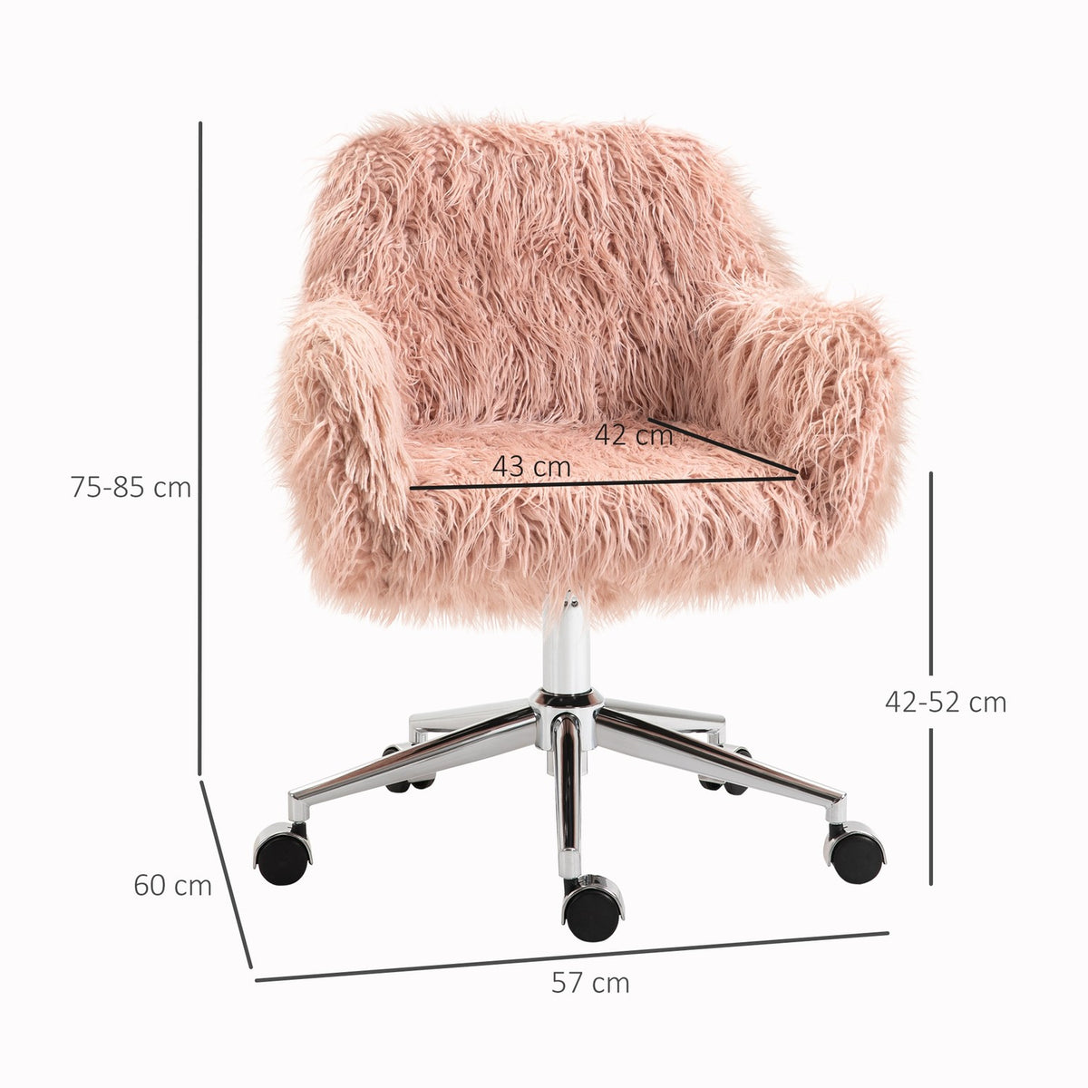 Executive Chair Swivel Chair Computer Chair With Faux Fur Seat Height Adjustment Faux Fur Foam Pink + Silver 57 X 60 X 75-85 Cm