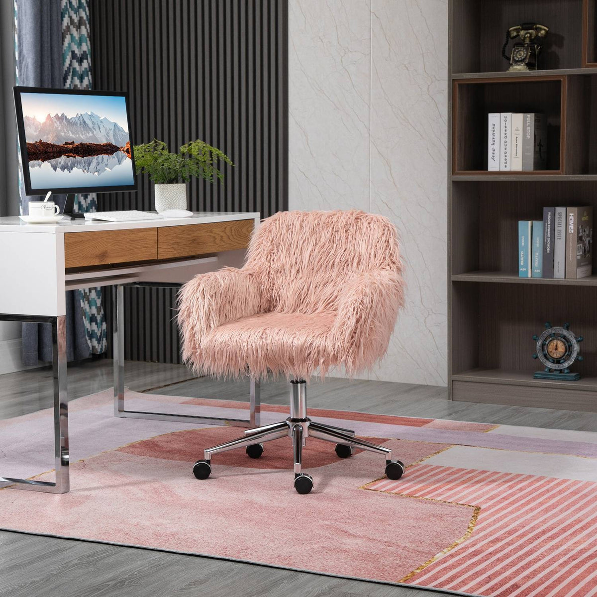 Executive Chair Swivel Chair Computer Chair With Faux Fur Seat Height Adjustment Faux Fur Foam Pink + Silver 57 X 60 X 75-85 Cm