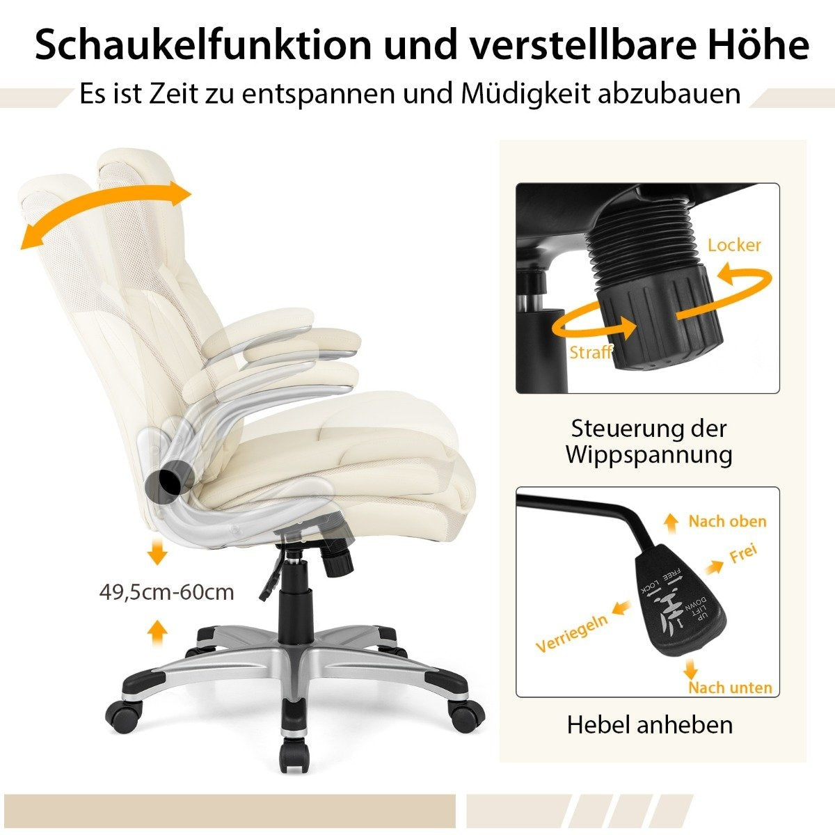 Executive chair swivel desk chair made of faux leather with rocker function 72 x 72 x 108-118 cm white