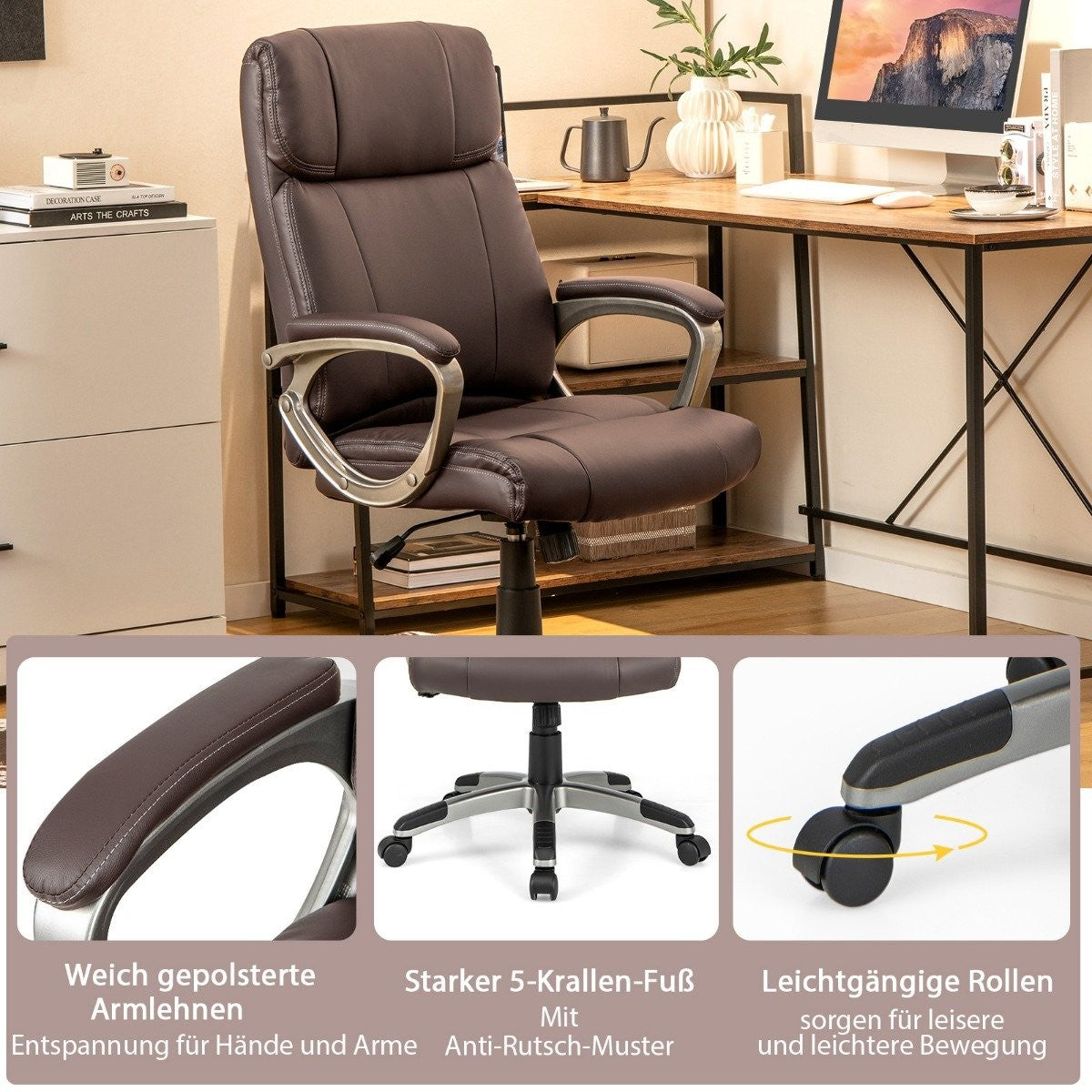 Executive chair swivel desk chair made of faux leather with rocker function and adjustable height 64 x 69 x 106-116 cm brown