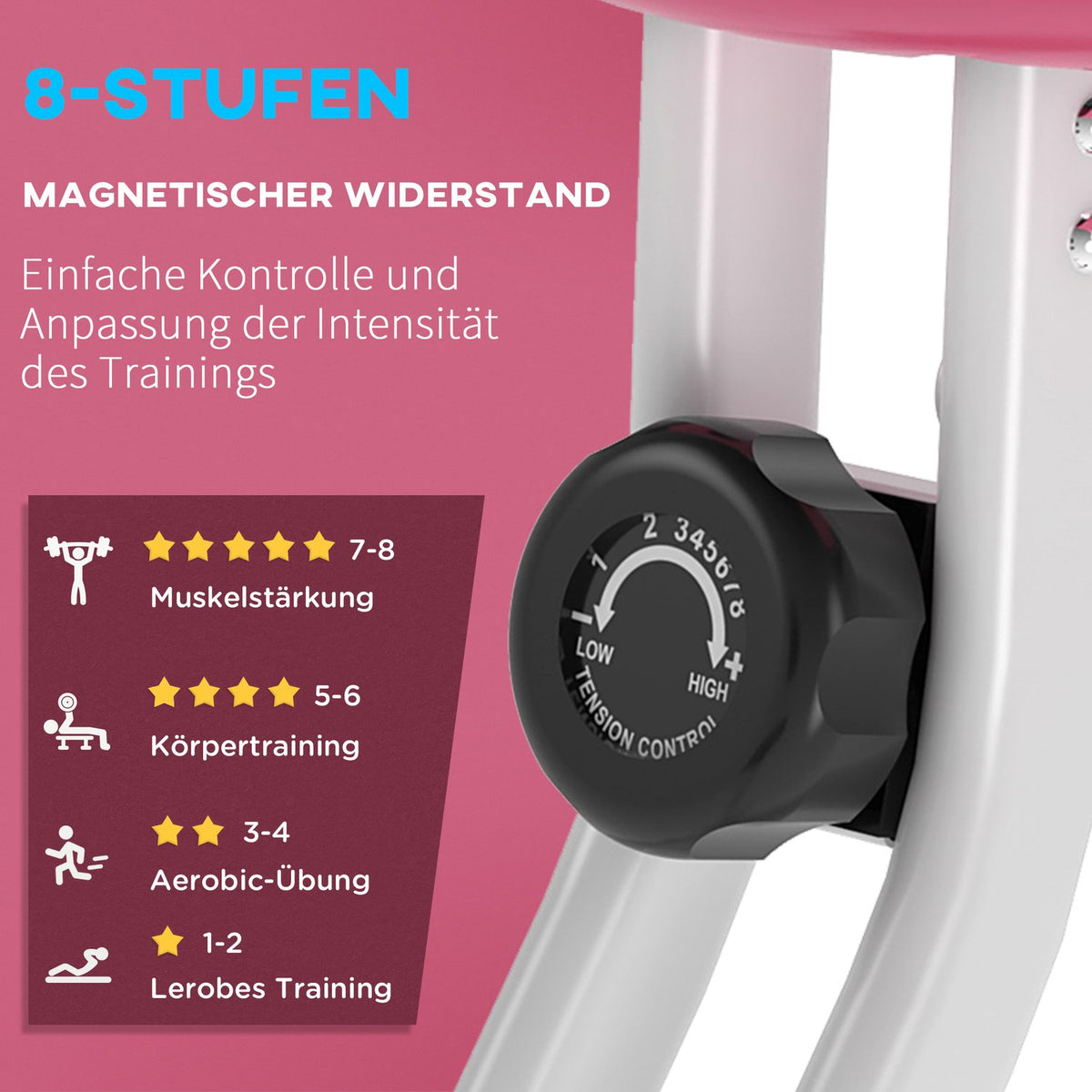 Exercise Bike F-Bike Bicycle Trainer With 8 Levels Of Adjustable Magnetic Resistance, Height-Adjustable Steel Pink + White 43 X 97 X 109 Cm