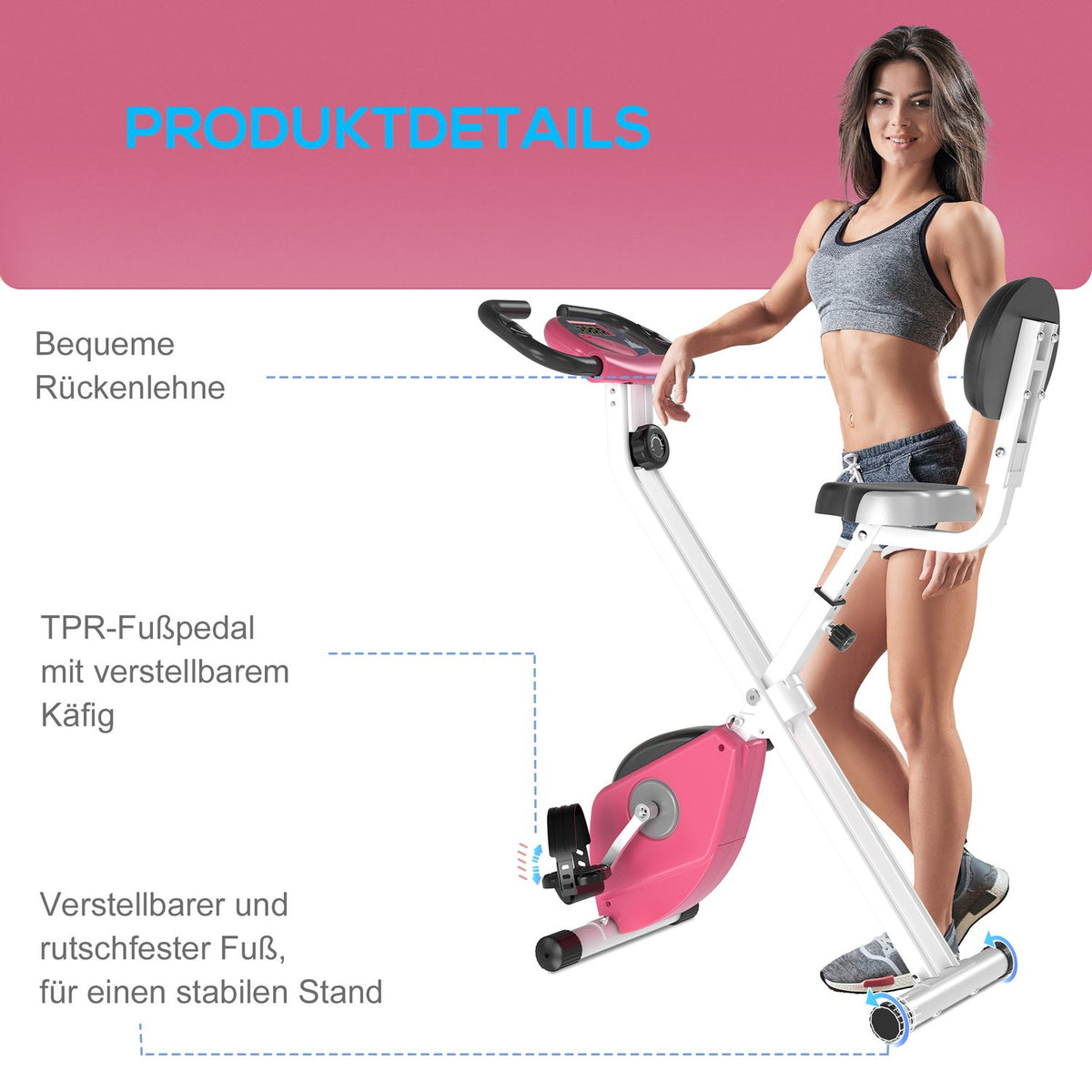 Exercise Bike F-Bike Bicycle Trainer With 8 Levels Of Adjustable Magnetic Resistance, Height-Adjustable Steel Pink + White 43 X 97 X 109 Cm