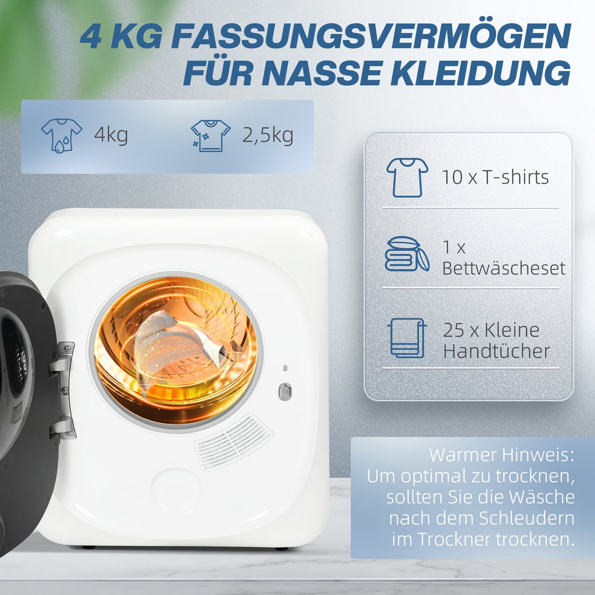Exhaust dryer 4 kg tumble dryer with disinfection, deodorization, smart mode, dryer with stainless steel tray, front loader, for apartment, house, motorhome, white