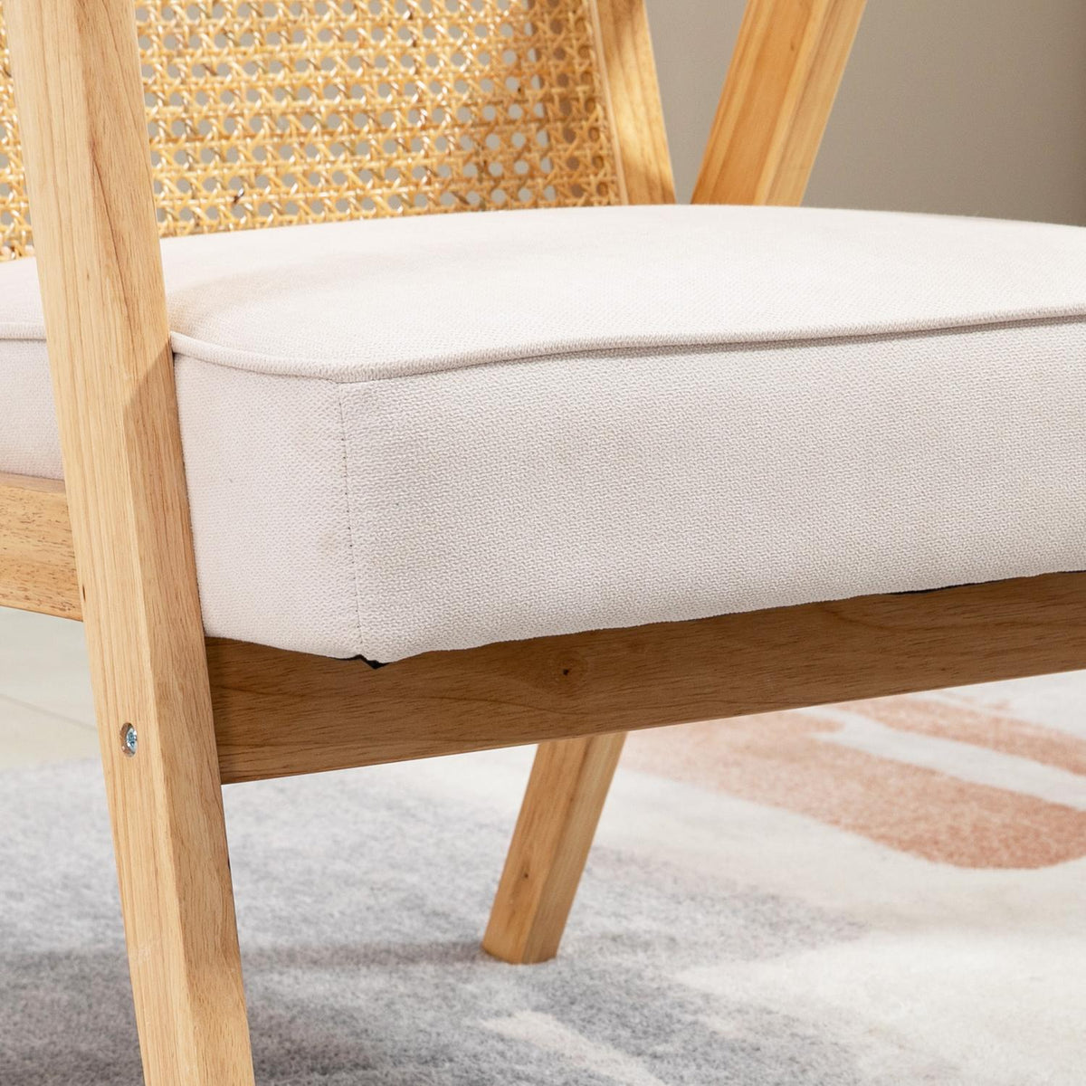 Exotic upholstered chair, rubberwood, linen-look seat cushion, 63L x 69W x 78H cm, cream white