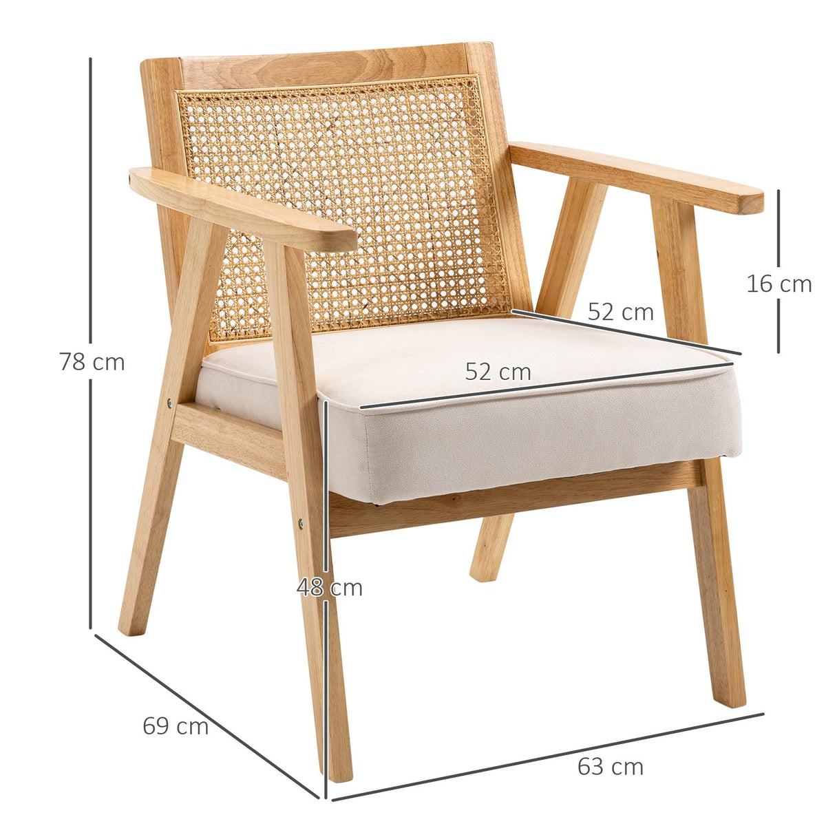 Exotic upholstered chair, rubberwood, linen-look seat cushion, 63L x 69W x 78H cm, cream white