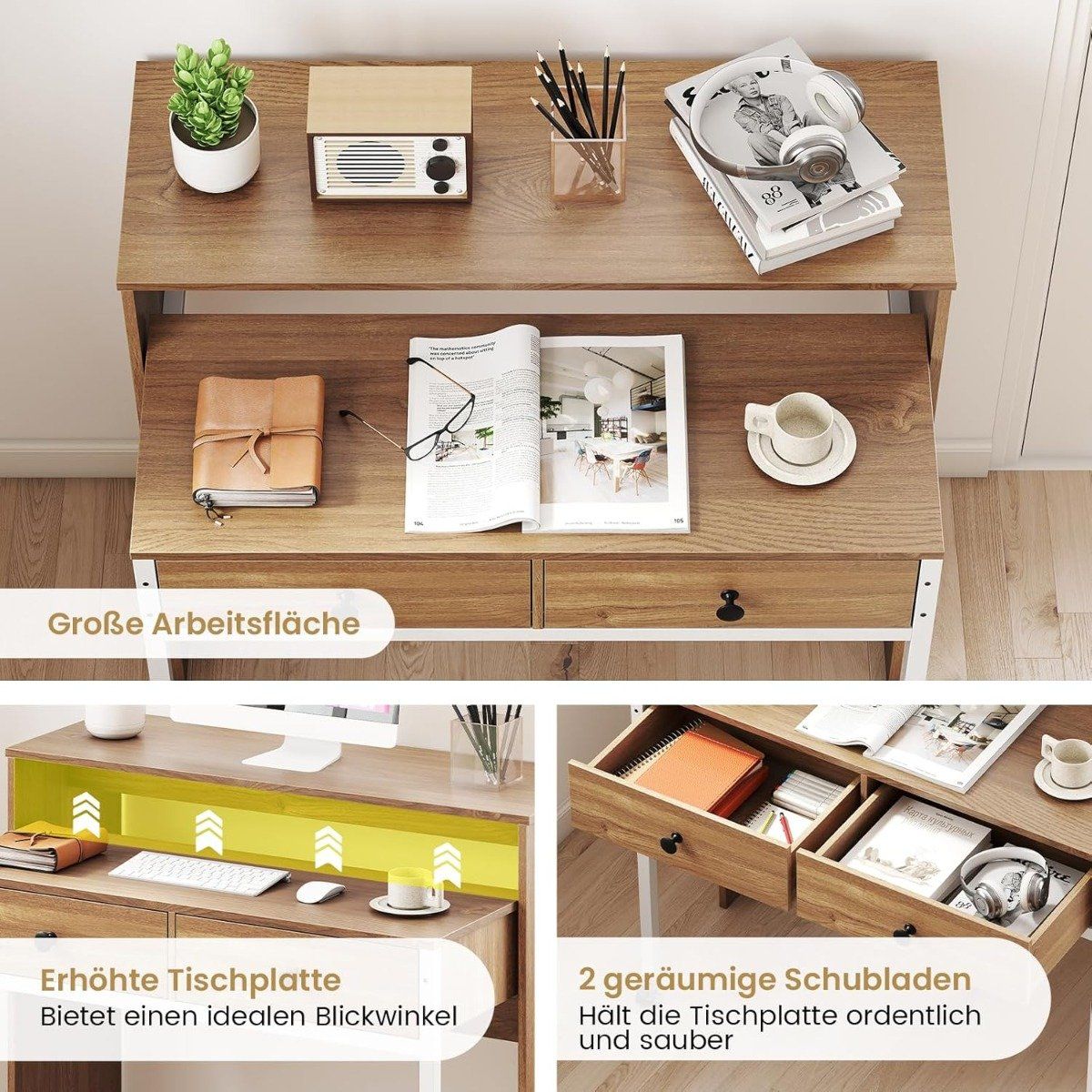 Extendable Desk with 2 Drawers & Wheels, 100x63x88 cm