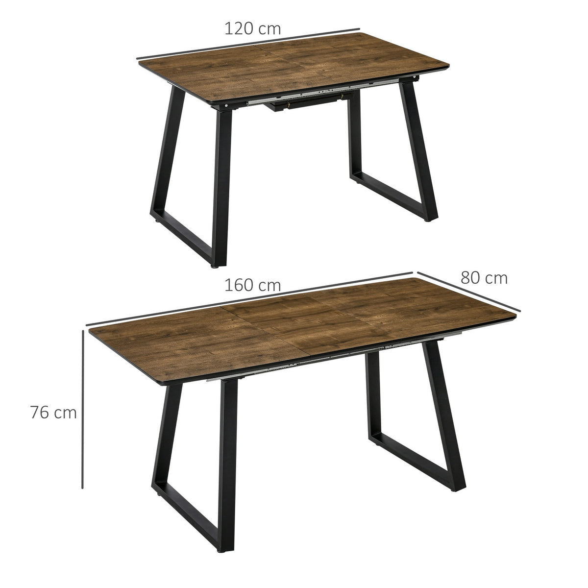 Extendable Dining Table, 120-160X80Cm, Kitchen Table, Wood Look, Dining Room Table, Metal Frame, Brown