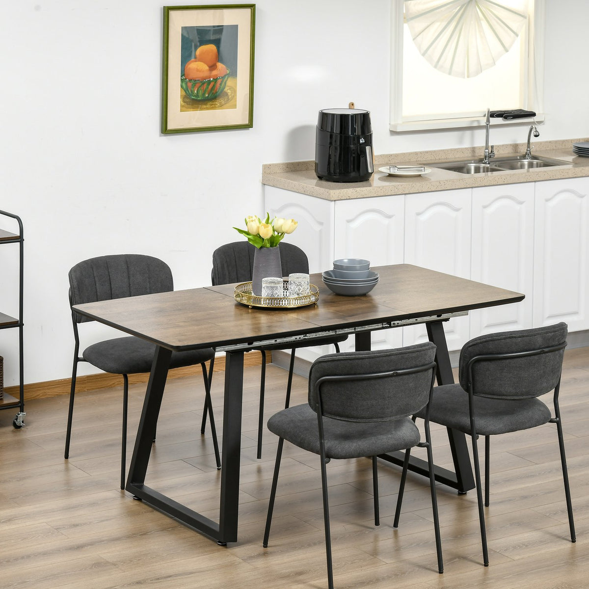 Extendable Dining Table, 120-160X80Cm, Kitchen Table, Wood Look, Dining Room Table, Metal Frame, Brown