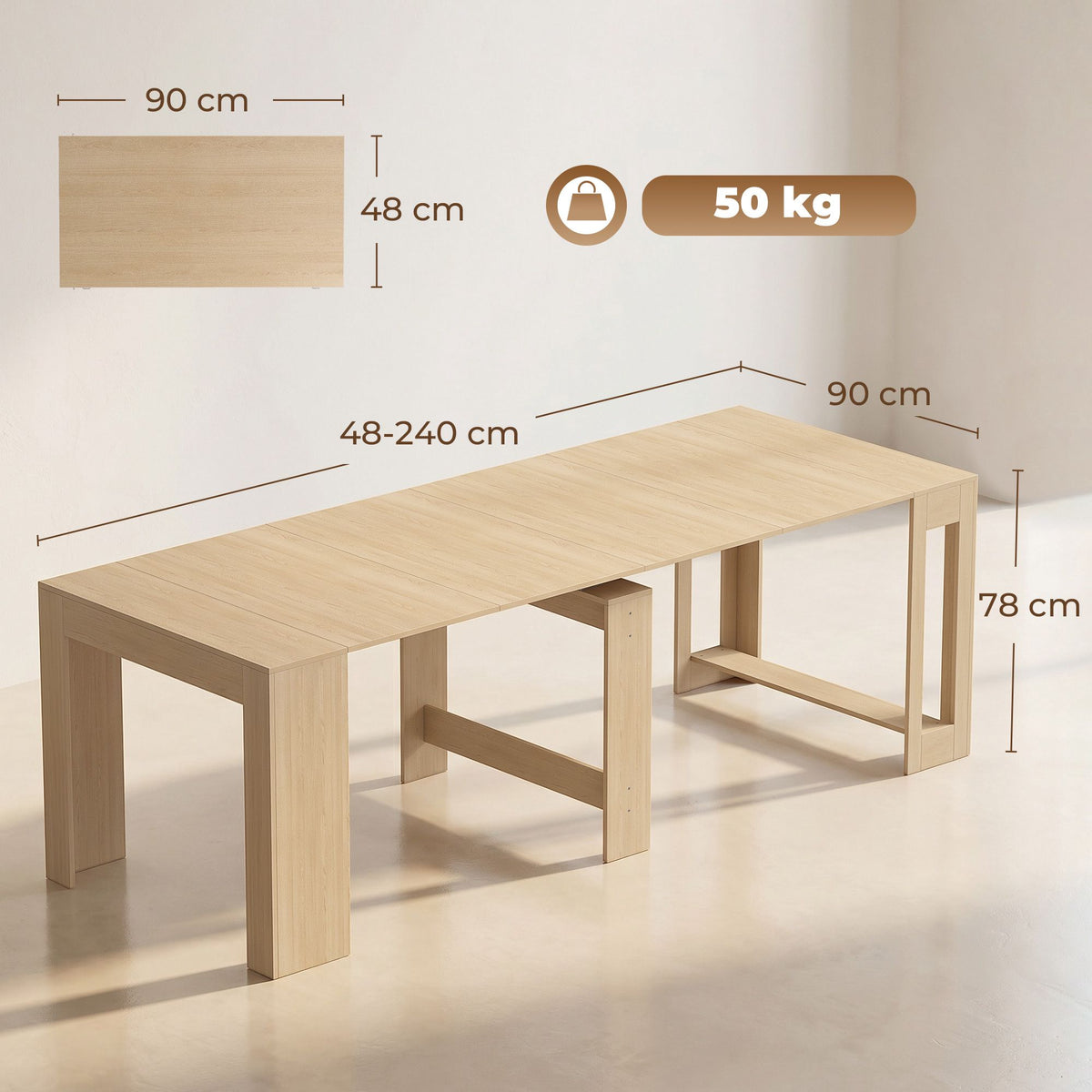 Extendable Dining Table, 48–240 cm, Seats 10, Light Brown