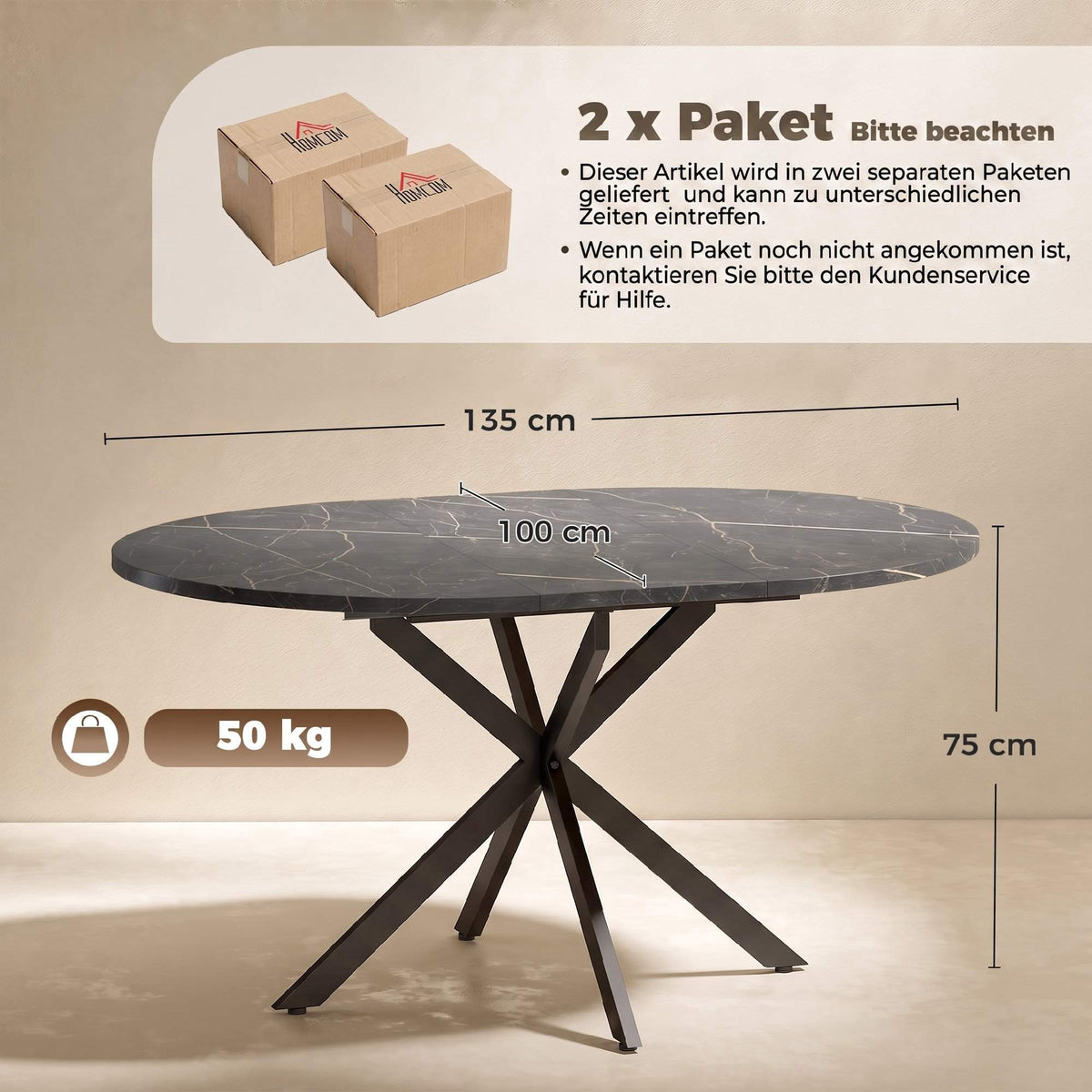 Extendable Dining Table, Industrial Style, Black MDF