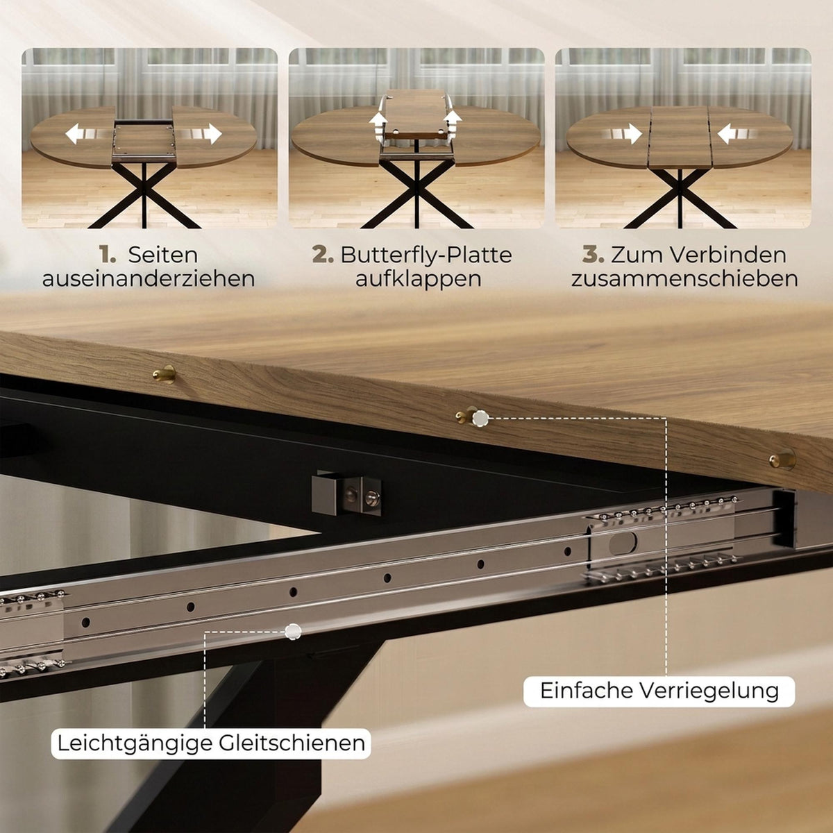 Extendable Dining Table for 4–6, Brown Wood, Industrial Style