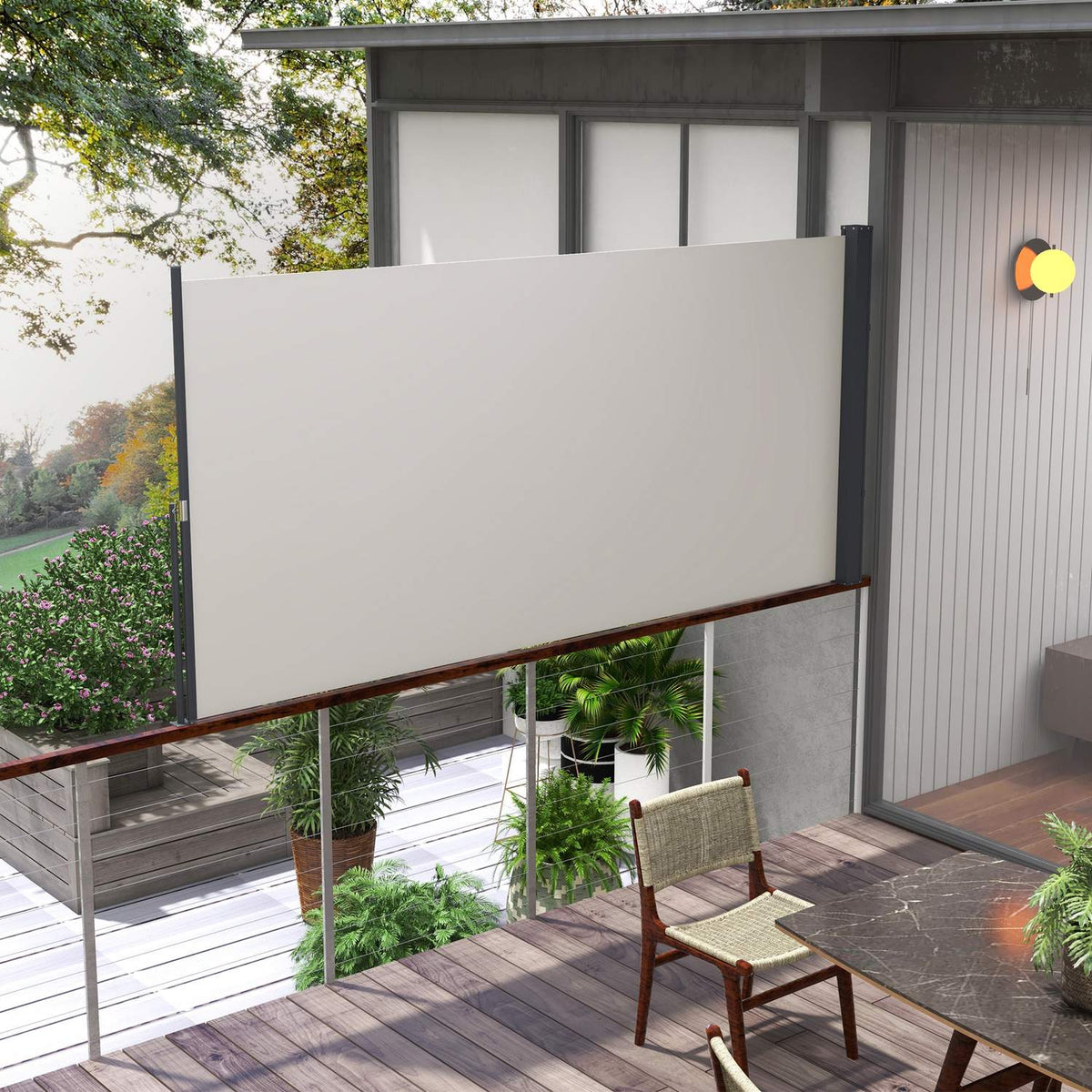 Extendable Side Awning, 300 X 140Cm Garden Awning, Privacy Screen With Uv Protection, Wind Protection, Metal, Polyester, Light Grey