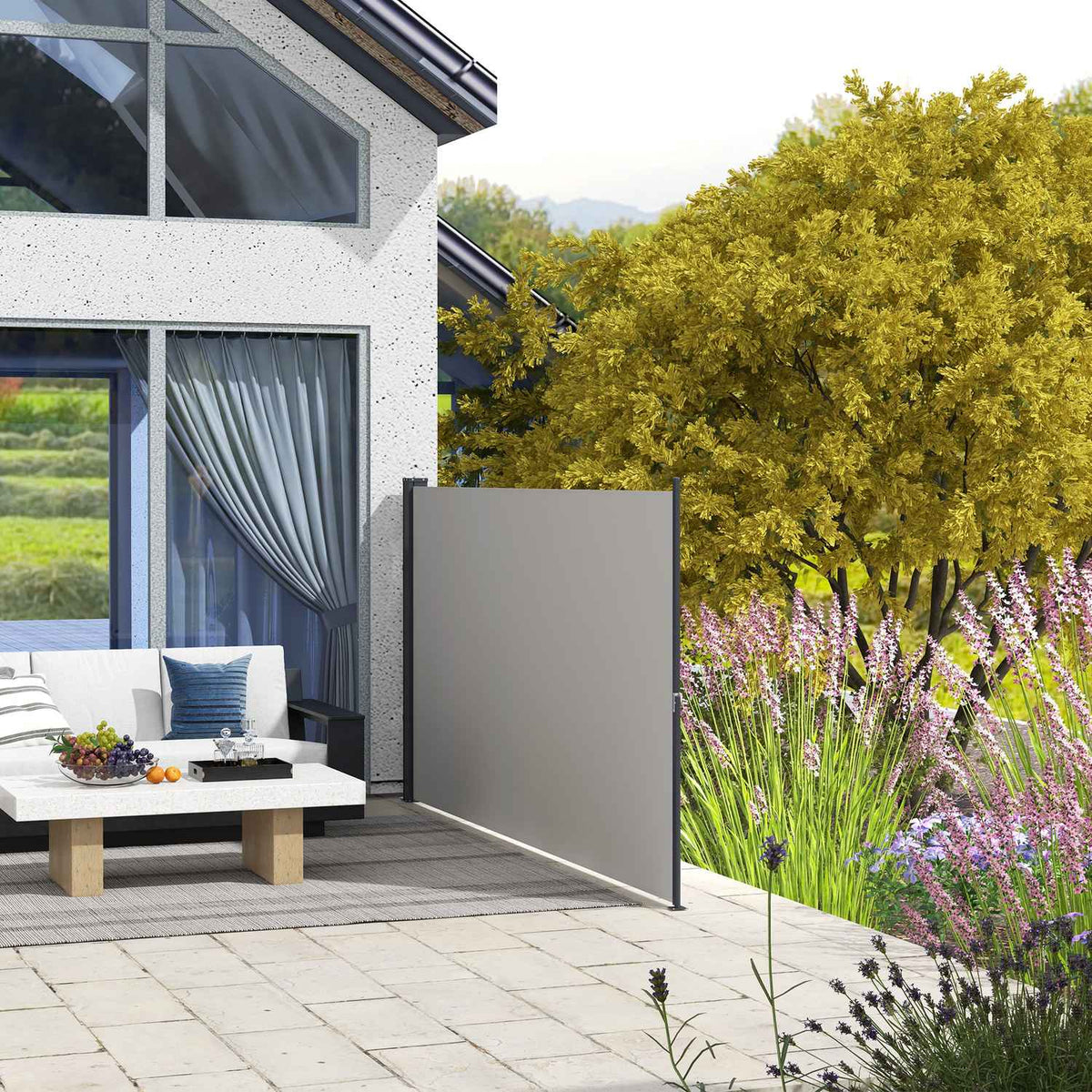 Extendable Side Awning, 300 X 140Cm Garden Awning, Privacy Screen With Uv Protection, Wind Protection, Metal, Polyester, Light Grey