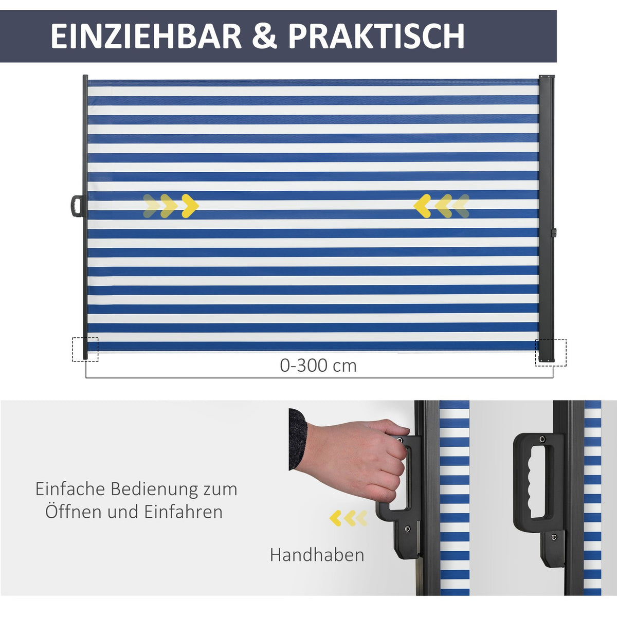 Extendable Side Awning, 300X160Cm Privacy Screen, Garden Awning With Uv Protection, Wind Protection, Polyester, Blue+White