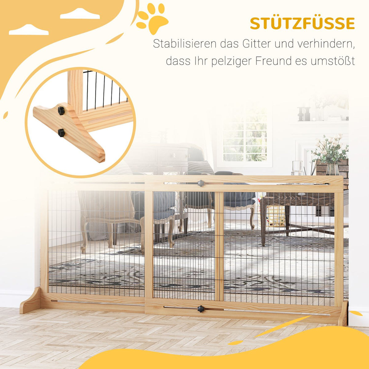 Extendable Wooden Dog Barrier Freestanding For Stairs & Doors, Natural, 202.5X76Cm