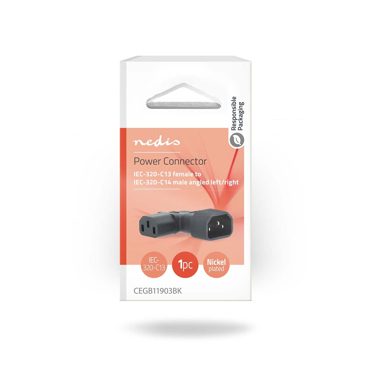 Extension Plug | IEC-320-C13 | IEC-320-C14 | Angled Left | Nickel Plated | PVC | Black | Box | 1 pcs