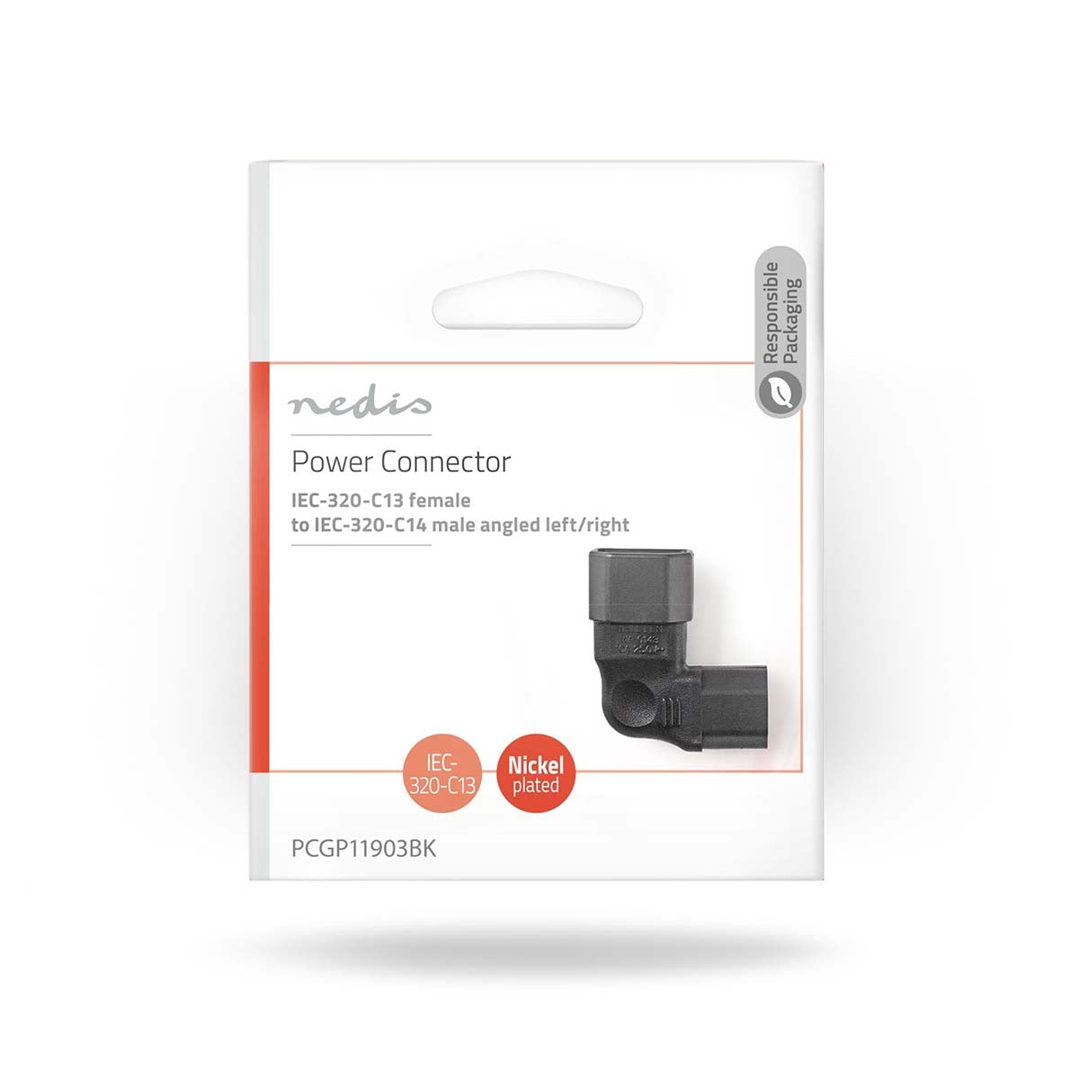 Extension Plug | IEC-320-C13 | IEC-320-C14 | Angled left | Nickel Plated | PVC | Black | Envelope | 1 pc.