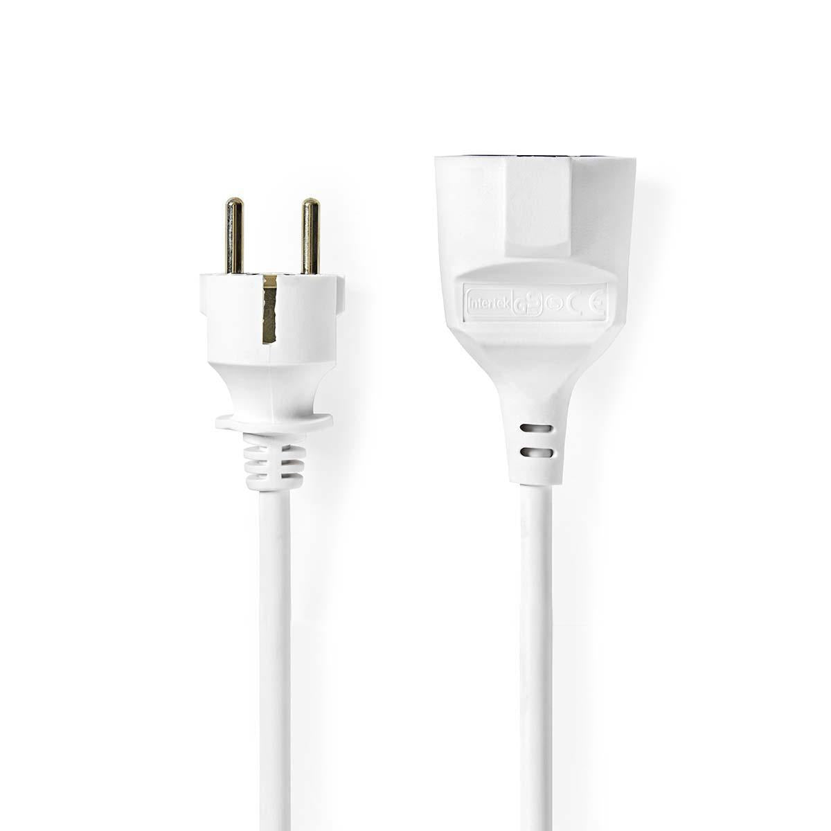 Extension cable M - F | Type F (CEE 7/7) | Grounded contact | 5.00 m | 3680 W | 250 V AC 50/60 Hz | Type of grounding: Side contact | Outlet angle: 90 ° | H05VV-F 3G1.5 | Device output connection: 1 | White