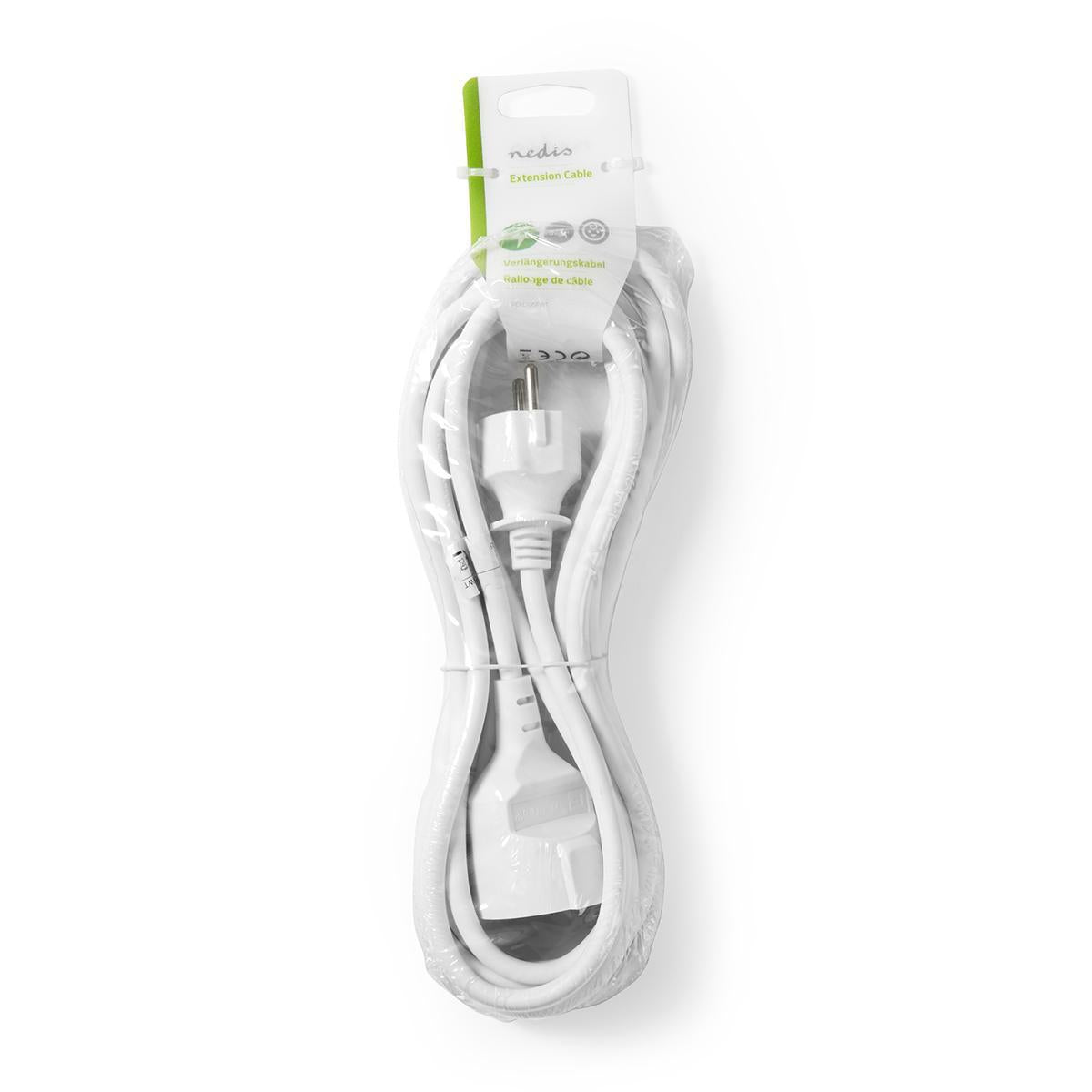 Extension cable M - F | Type F (CEE 7/7) | Grounded contact | 5.00 m | 3680 W | 250 V AC 50/60 Hz | Type of grounding: Side contact | Outlet angle: 90 ° | H05VV-F 3G1.5 | Device output connection: 1 | White
