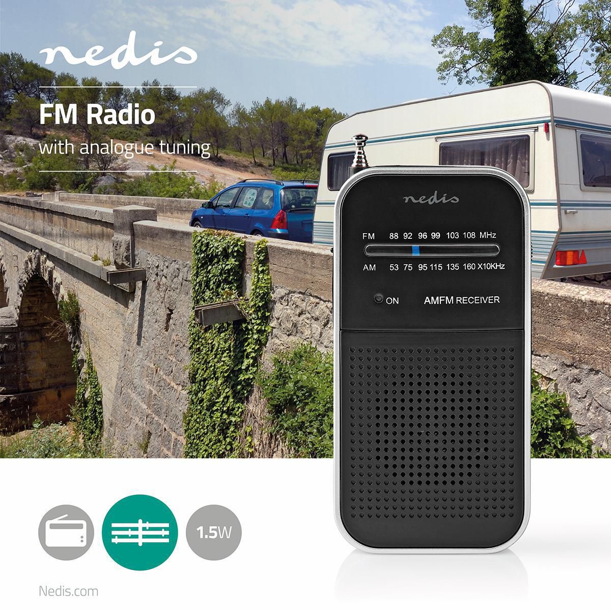 FM Radio | Portable design | AM / FM | Battery powered | Analog | 1.5 W| Black White Screen | Bluetooth® | Headphone jack | Aluminum / Black