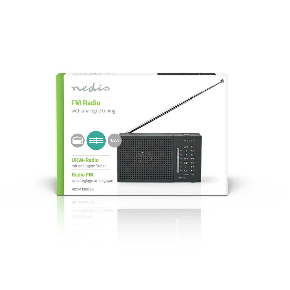 FM Radio | Portable design | AM / FM | Battery powered | Analog | 1.5 W| Black White Screen | Bluetooth® | Headphone jack | Black