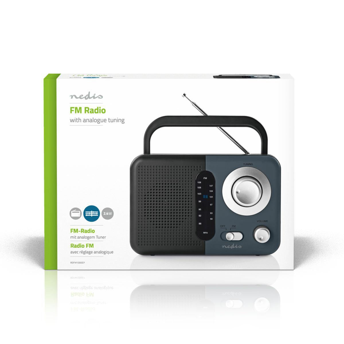 FM Radio | Portable design | FM | Battery operated / Power adapter | Analog | 2.4 W| Black White Screen | Bluetooth® | Headphone jack | Carrying handle | Grey/Black