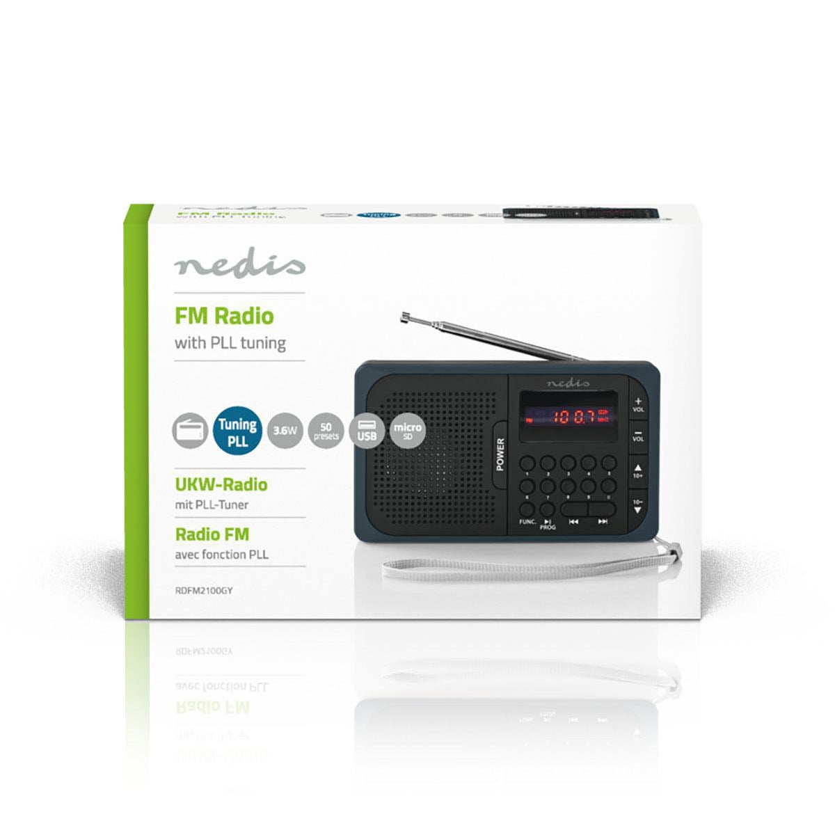 FM Radio | Portable design | FM | Battery operated / Power adapter | Digital | 3.6 W| Screen Size: 2.0 " | Black White Screen | Headphone Jack | Gray / Black