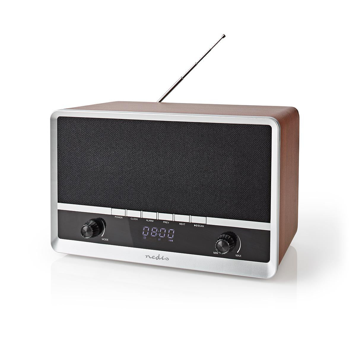 FM Radio | Table Design | AM / FM | Battery powered / USB power | Digital | 12 W| Screen Size: 1.6 " | Black Blue Screen | Bluetooth® | Alarm Clock | Brown / Black