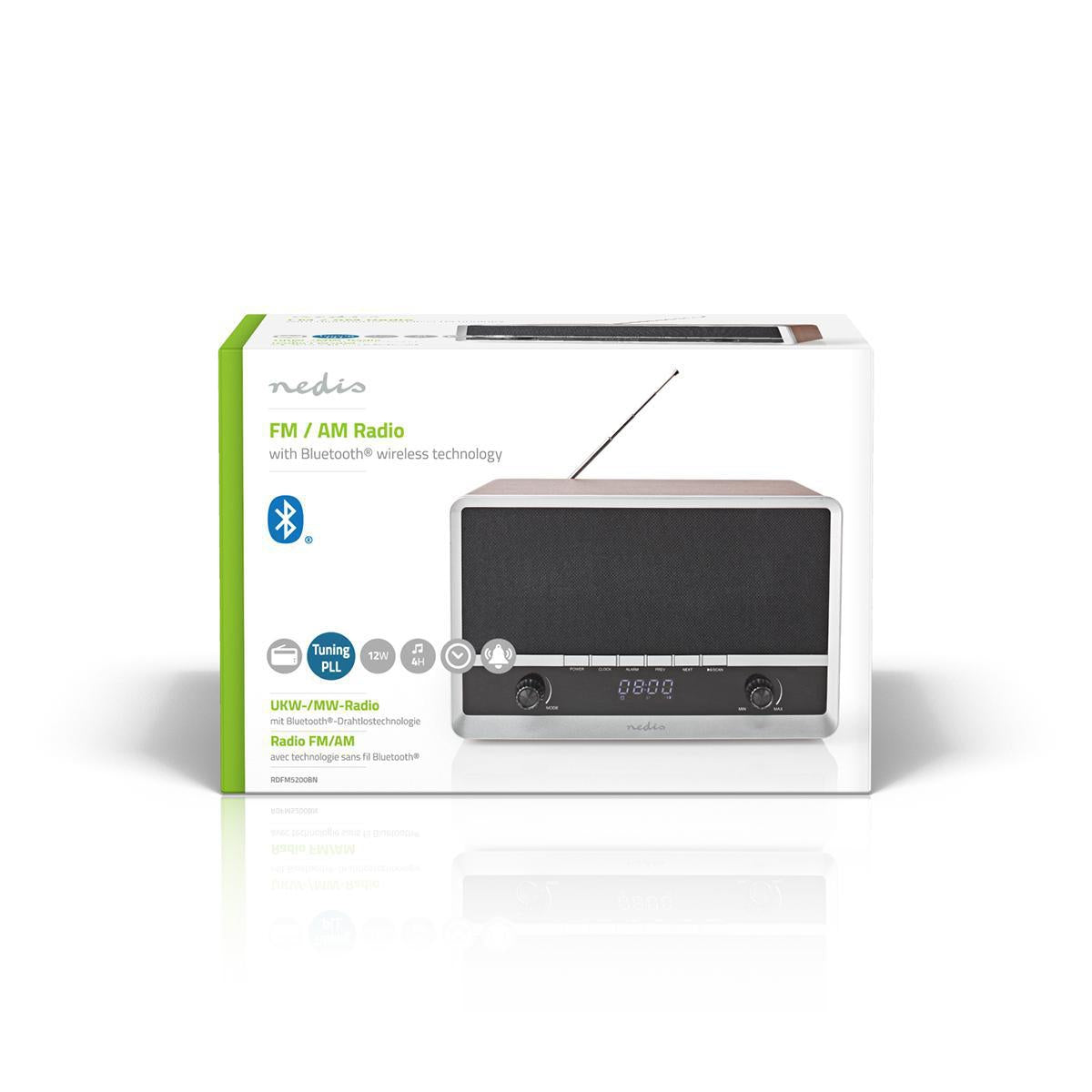 FM Radio | Table Design | AM / FM | Battery powered / USB power | Digital | 12 W| Screen Size: 1.6 " | Black Blue Screen | Bluetooth® | Alarm Clock | Brown / Black