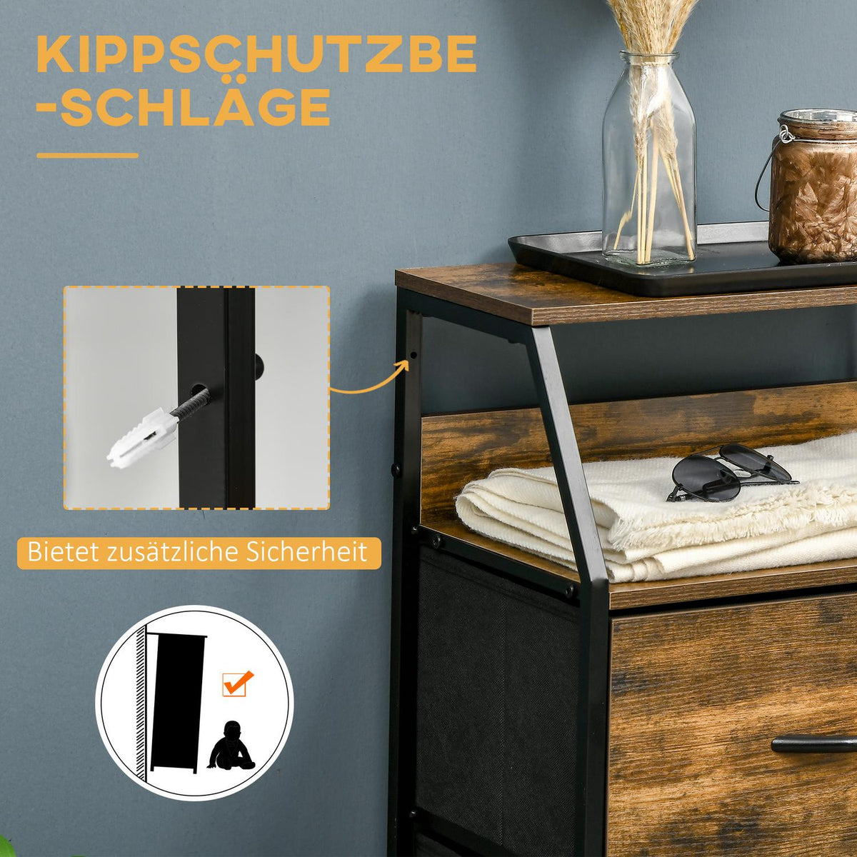Fabric Chest of Drawers Storage Cabinet with 3 Drawers, Shelf Chest of Drawers Cabinet with Steel Frame Cabinet for Bedroom, Living Room Rustic Brown