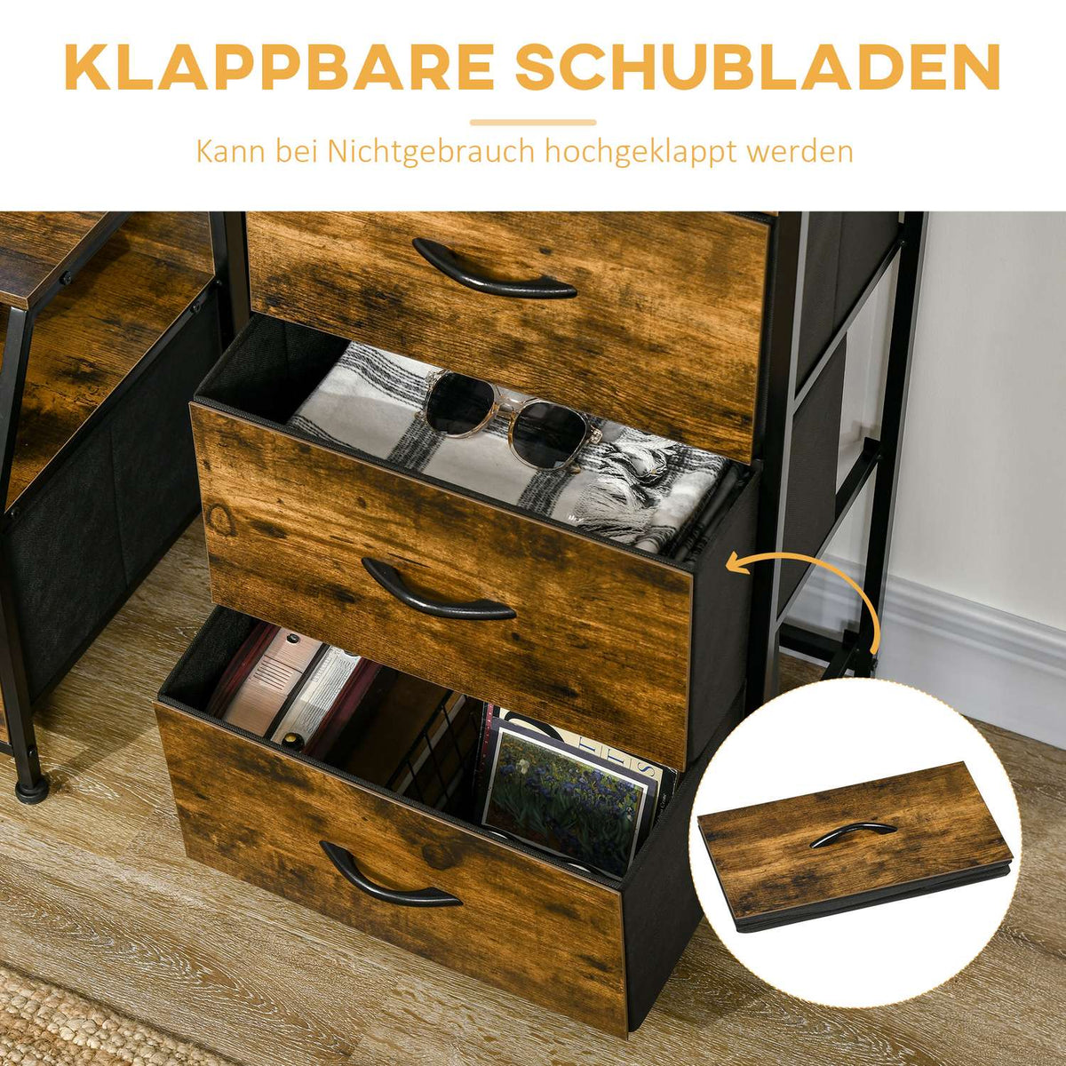 Fabric Chest of Drawers Storage Cabinet with 3 Drawers, Shelf Chest of Drawers Cabinet with Steel Frame Cabinet for Bedroom, Living Room Rustic Brown