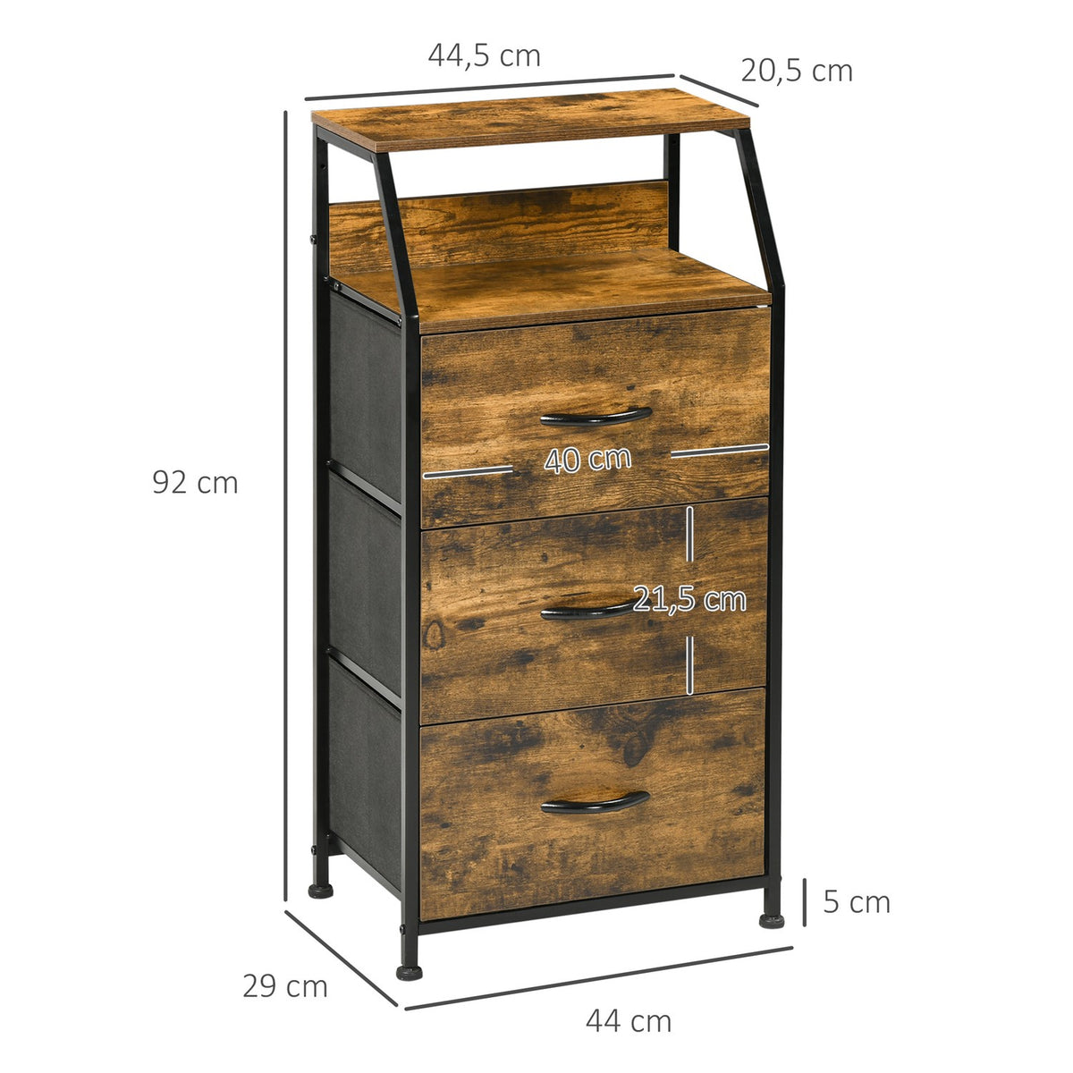 Fabric Chest of Drawers Storage Cabinet with 3 Drawers, Shelf Chest of Drawers Cabinet with Steel Frame Cabinet for Bedroom, Living Room Rustic Brown