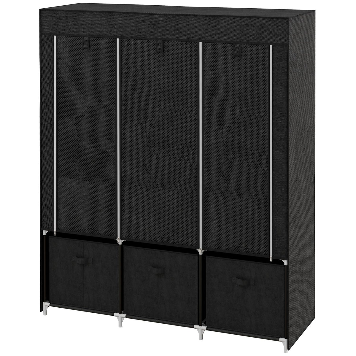 Fabric Closet Wardrobe With Clothes Rails And Drawers, Folding Cabinet, Zipper, Non-Woven Fabric, Black