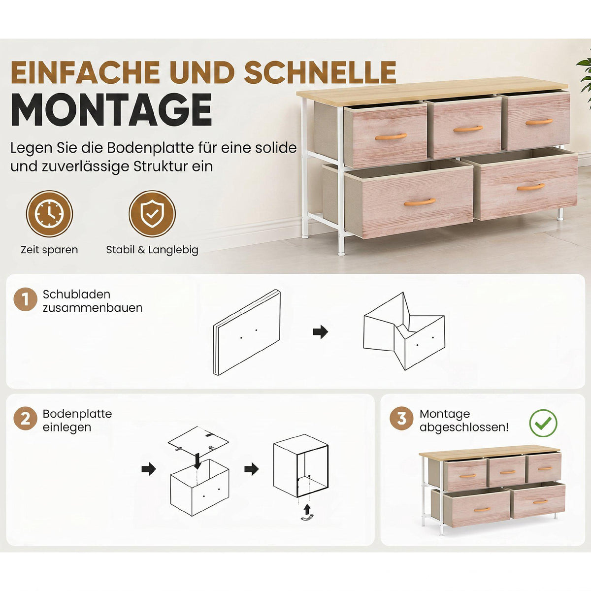 Fabric Dresser with 5 Drawers, Metal Frame, Wood Top