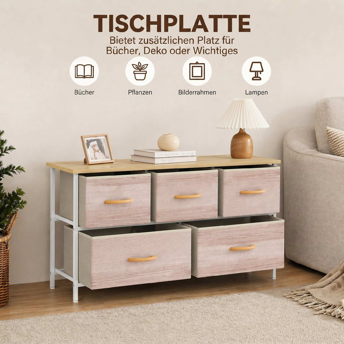 Fabric Dresser with 5 Drawers, Metal Frame, Wood Top