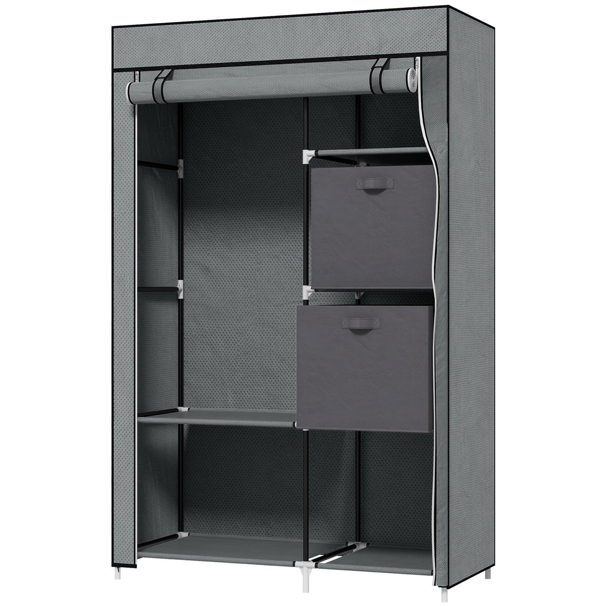 Fabric Wardrobe, Folding Cabinet With Drawers And Clothes Rail, Zip, Wardrobe, Non-Woven Fabric, Dark Grey