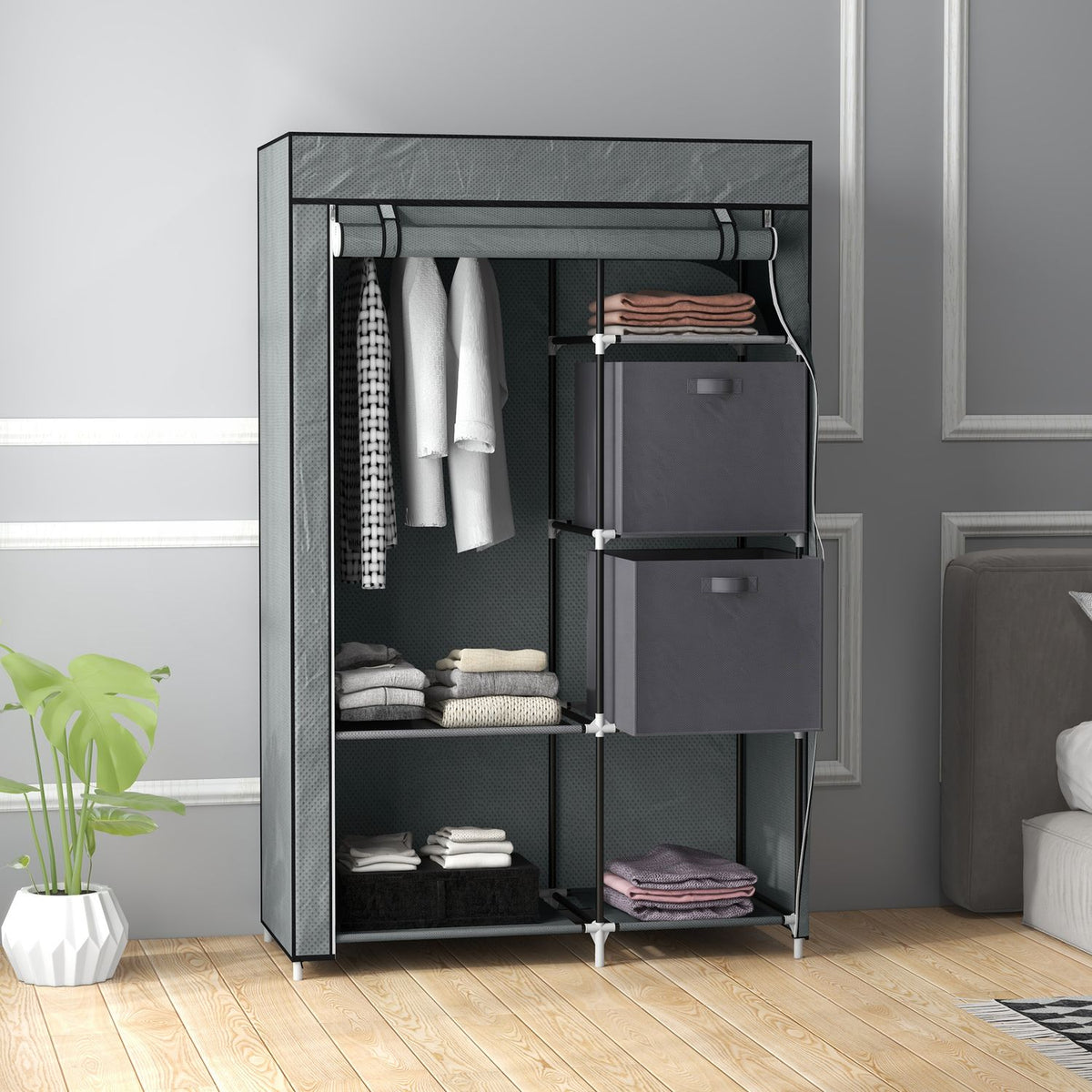 Fabric Wardrobe, Folding Cabinet With Drawers And Clothes Rail, Zip, Wardrobe, Non-Woven Fabric, Dark Grey