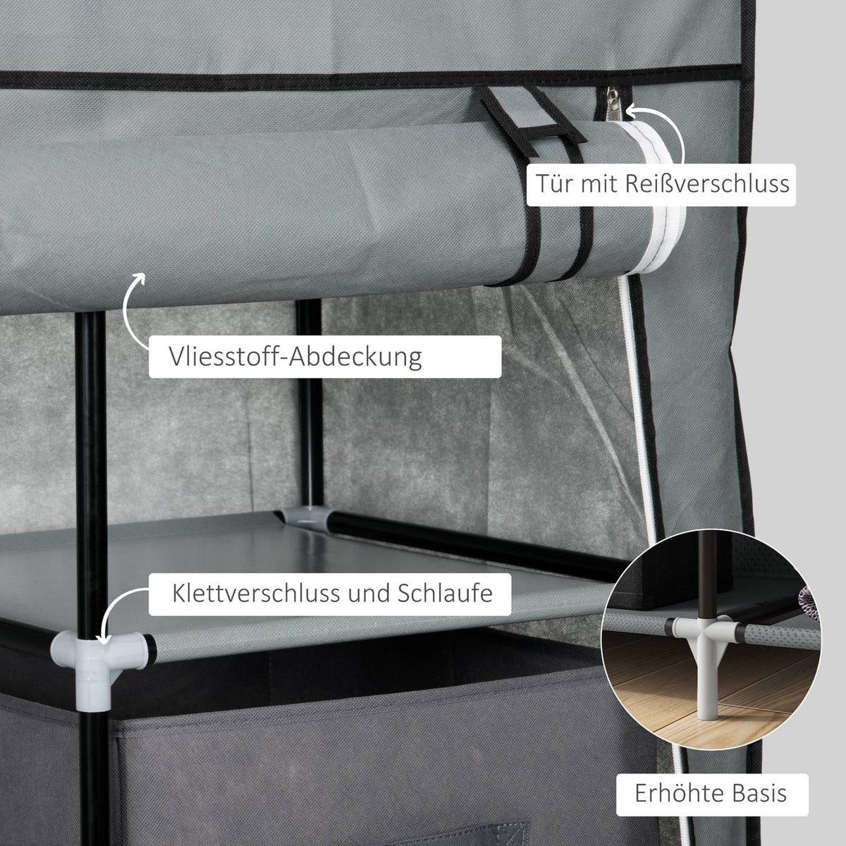 Fabric Wardrobe, Folding Cabinet With Drawers And Clothes Rail, Zip, Wardrobe, Non-Woven Fabric, Dark Grey