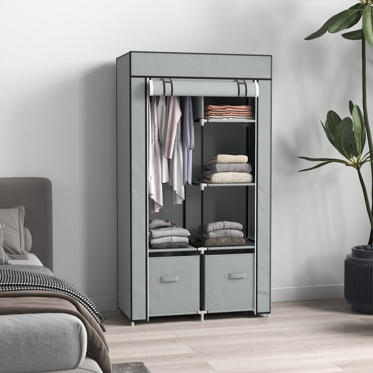 Fabric Wardrobe, Space-Saving Wardrobe With 5 Compartments And Clothes Rail, Zip, Folding Wardrobe, Light Grey