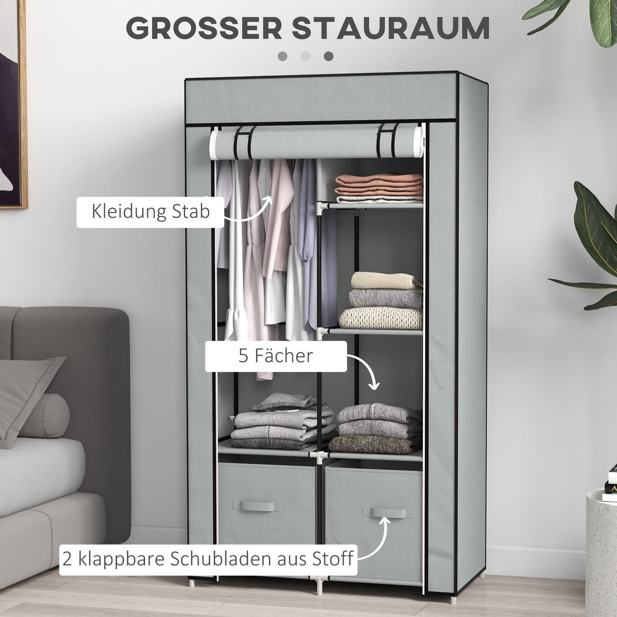 Fabric Wardrobe, Space-Saving Wardrobe With 5 Compartments And Clothes Rail, Zip, Folding Wardrobe, Light Grey