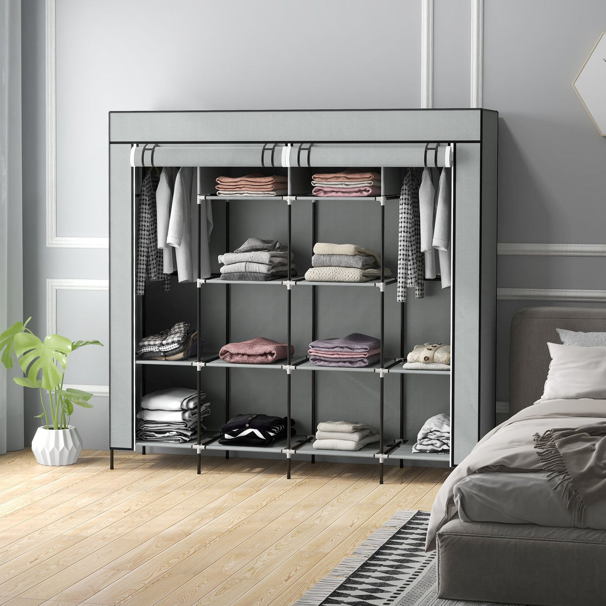Fabric Wardrobe With Clothes Rail, 10 Compartments, 4 Drawers, Wardrobe In Fleece Look, Dark Grey