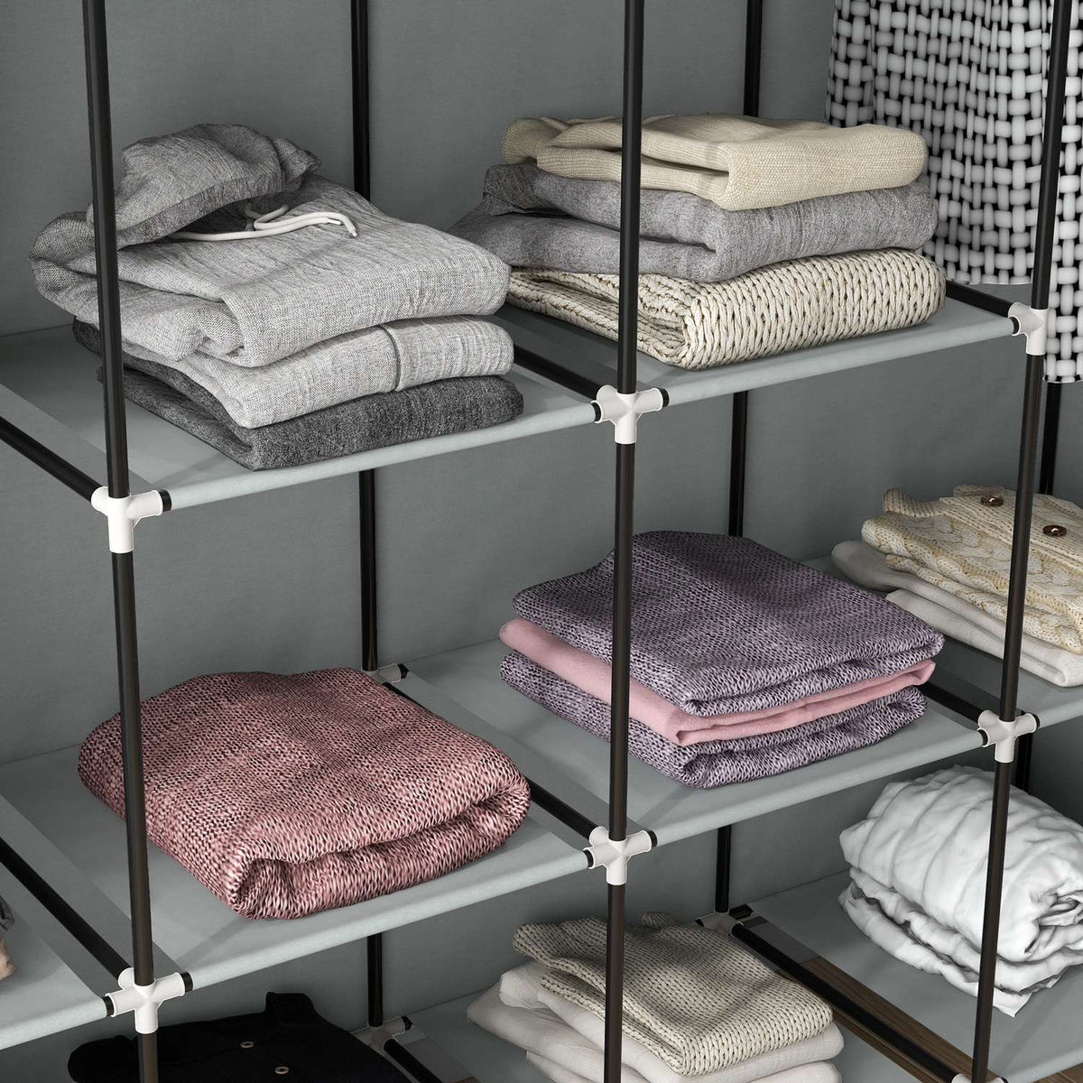 Fabric Wardrobe With Clothes Rail, 10 Compartments, 4 Drawers, Wardrobe In Fleece Look, Dark Grey