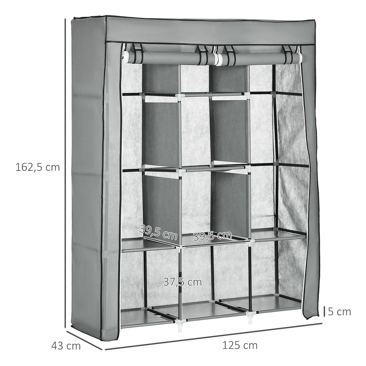 Fabric Wardrobe With Clothes Rails, 8 Levels, Light Gray, Foldable Wardrobe For Bedroom & Hallway