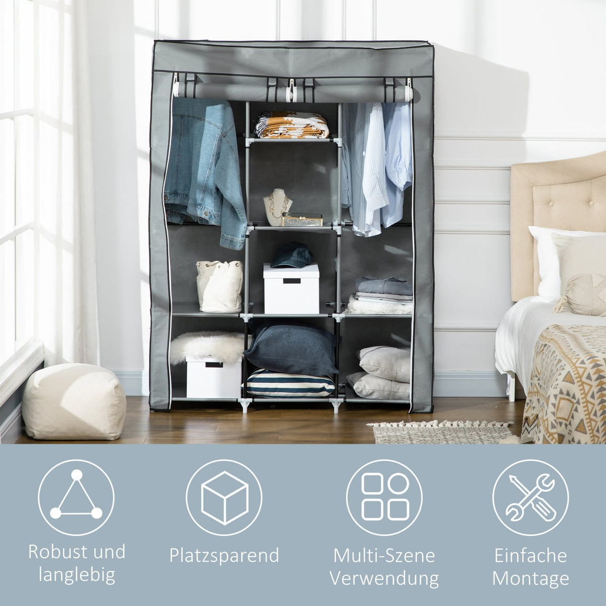 Fabric Wardrobe With Clothes Rails, 8 Levels, Light Gray, Foldable Wardrobe For Bedroom & Hallway